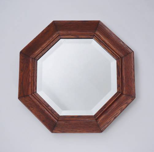 Antique Art Deco wall mirror, octagonal scalloped oak frame, 1930`s ca, English